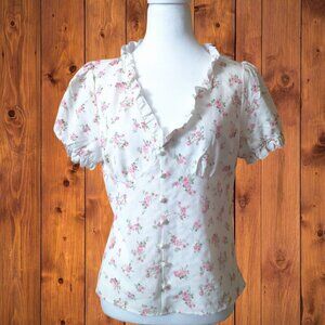 Shein Women's Large Short Sleeve Floral Baby Doll Ruffle Accent Side Zip Blouse